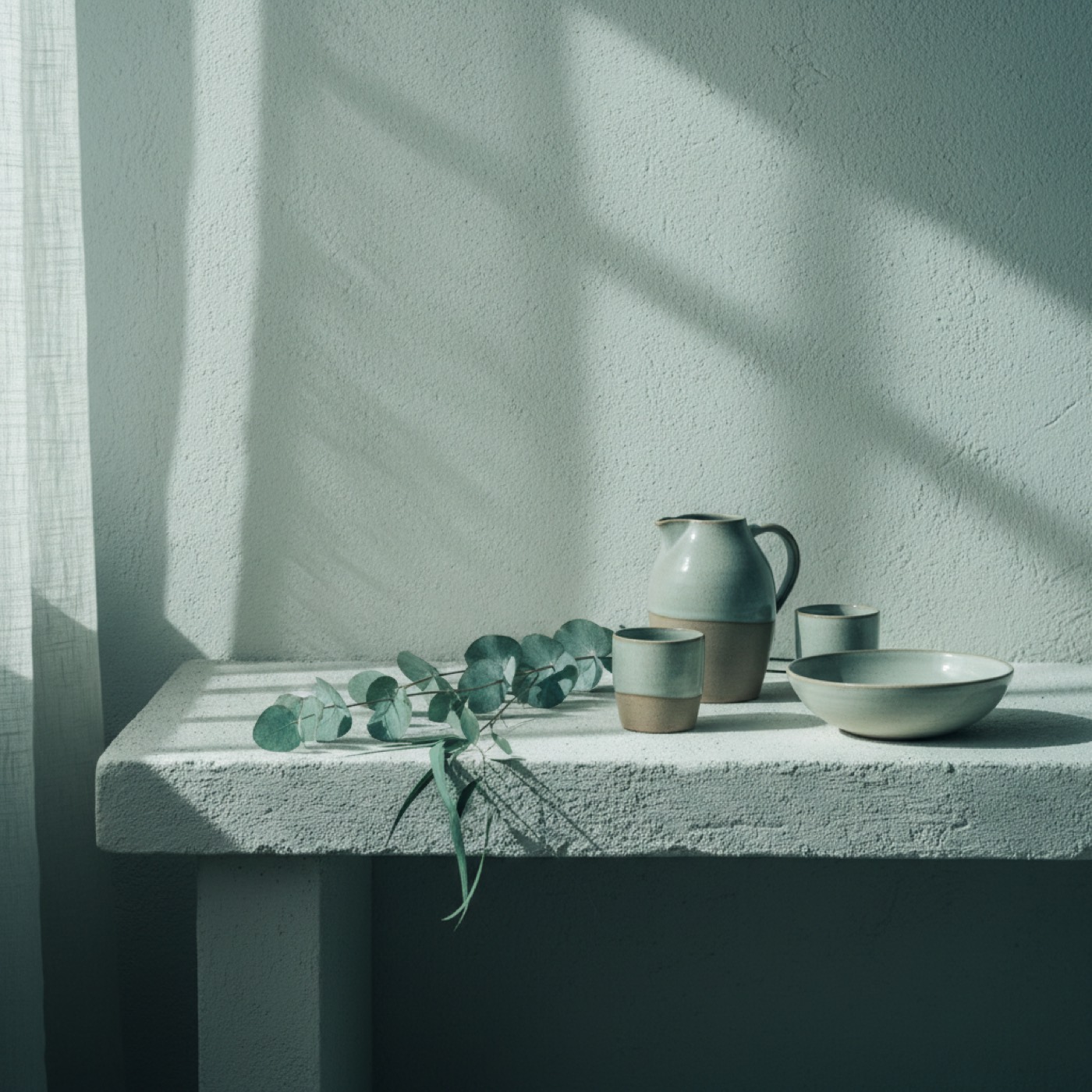 A breakfast table set with speckled stoneware mugs, bowls and side plates in morning light